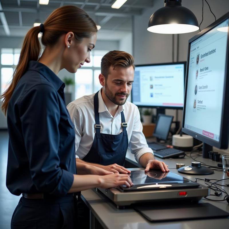 Nh&acirc;n vi&ecirc;n tiếp nhận bảo h&agrave;nh bếp từ Maya tại trung t&acirc;m dịch vụ