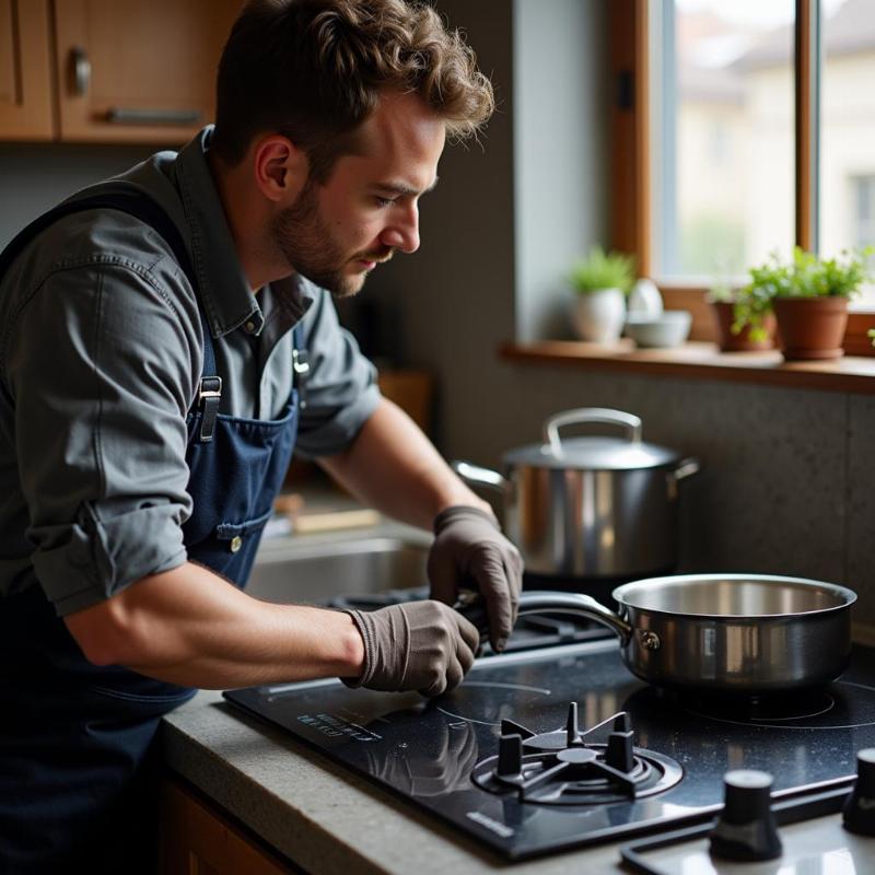 Kỹ thuật vi&ecirc;n đang sửa chữa bếp từ Viking đảm bảo mọi quy tr&igrave;nh nghi&ecirc;m ngặt.