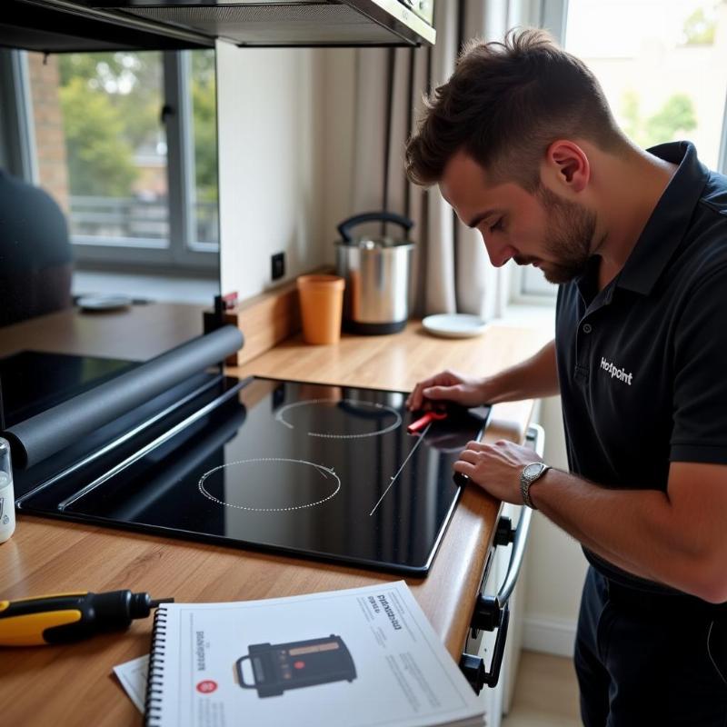 Kỹ thuật vi&ecirc;n Hotpoint đang kiểm tra bếp từ Hotpoint tại nh&agrave; kh&aacute;ch h&agrave;ng.