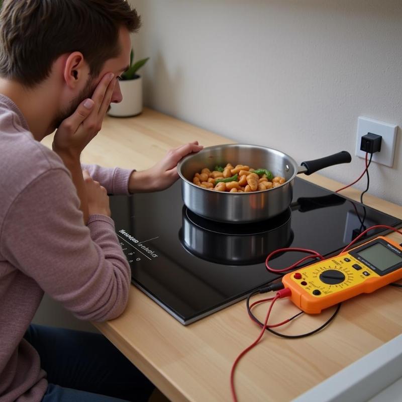 Người d&ugrave;ng cố gắng khắc phục sự cố bếp từ kh&ocirc;ng l&ecirc;n nguồn