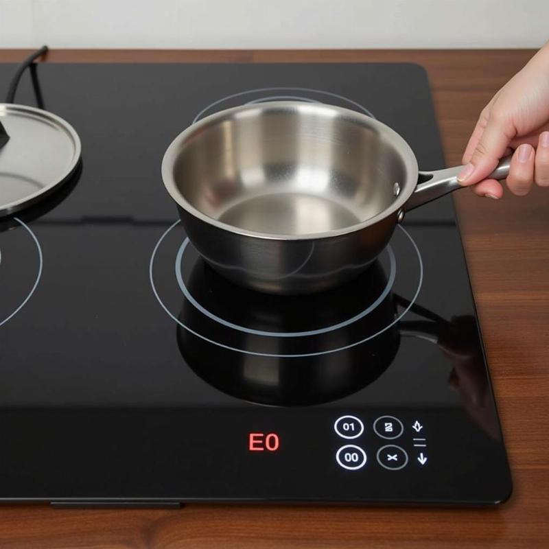 Lỗi E0 xuất hiện tr&ecirc;n bếp từ khi c&oacute; vấn đề về nồi chảo hoặc thao t&aacute;c sử dụng.
