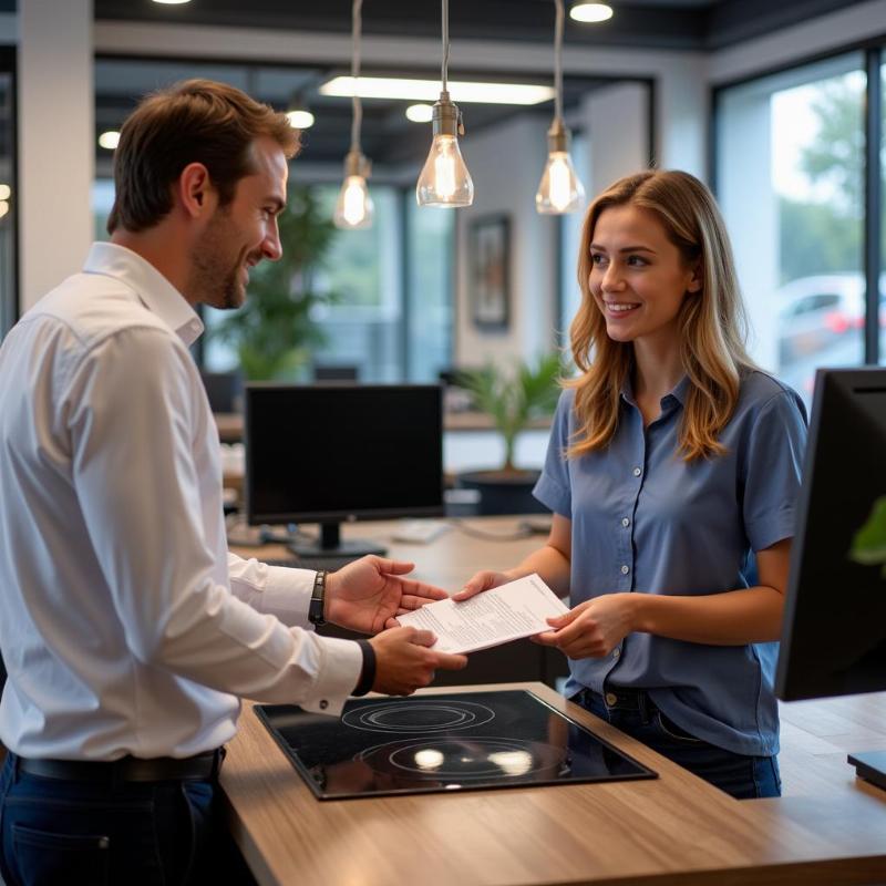 Kh&aacute;ch h&agrave;ng đang nhận tư vấn về qu&aacute; tr&igrave;nh bảo h&agrave;nh bếp từ Kuppersbusch