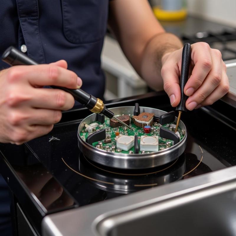 Kỹ thuật vi&ecirc;n Hotpoint đang thay thế linh kiện b&ecirc;n trong bếp từ.