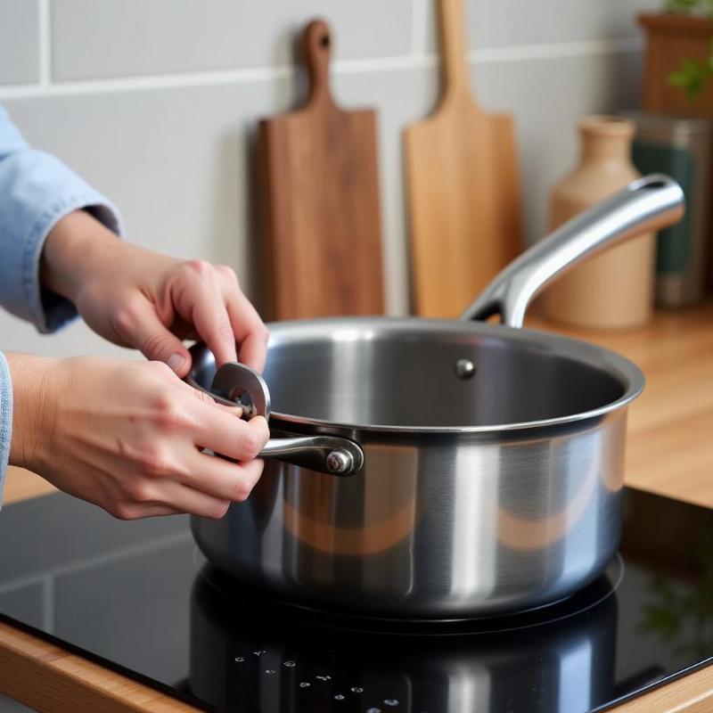 D&ugrave;ng nam ch&acirc;m kiểm tra đ&aacute;y nồi chảo từ t&iacute;nh để đảm bảo sử dụng đ&uacute;ng với bếp từ.